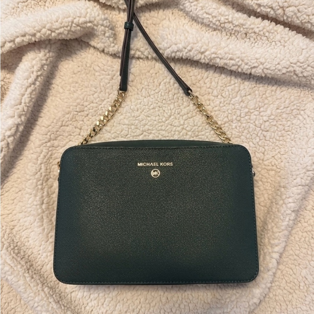 Michael Kors Green Saffiano Leather Crossbody with Gold Chain